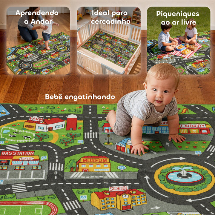 Tapete Infantil Estrada de Cidade 160x100 cm Tapete Educativo Antiderrapante para Engatinhar e Brincar com Carros para Sala e Quarto Textura Suave Multicor