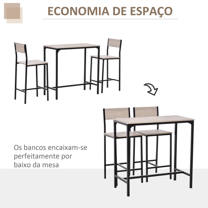 Conjunto de Mesa de Bar com 2 Bancos Conjunto de 3 Peças com 2 Bancos com Encosto e Apoio para Pés Desenho Industrial para Cozinha Sala de Estar Bar Madeira e Preto