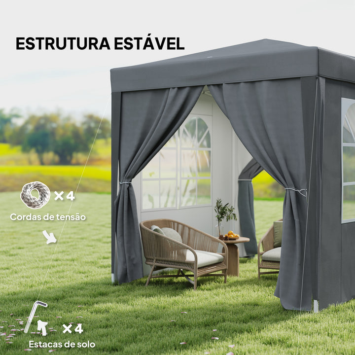Tenda Dobrável 2x2 m Tenda Pop-up para Jardim com 4 Paredes Laterais 2 Janelas e Saco de Transporte Anti-UV Impermeável Tenda para Festas, Exterior Cinzento