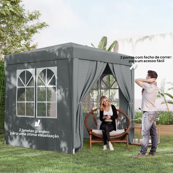 Tenda Dobrável 2x2 m Tenda Pop-up para Jardim com 4 Paredes Laterais 2 Janelas e Saco de Transporte Anti-UV Impermeável Tenda para Festas, Exterior Cinzento