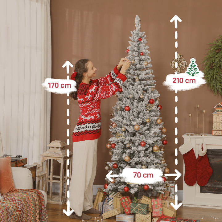 Árvore de Natal Estreita 210 cm Árvore de Natal Nevada com Luzes LED Bicolores 11 Modos de Iluminação 687 Ramos Suporte Metálico Montagem Fácil Verde