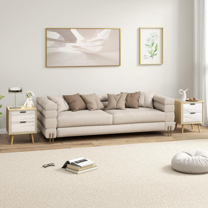 Conjunto de 2 Mesas de Cabeceira Modernas com 2 Gavetas de Deslizamento Silencioso Pés de Madeira para Quarto Sala de Estar 40x35x50 cm Branco Brilhante e Carvalho