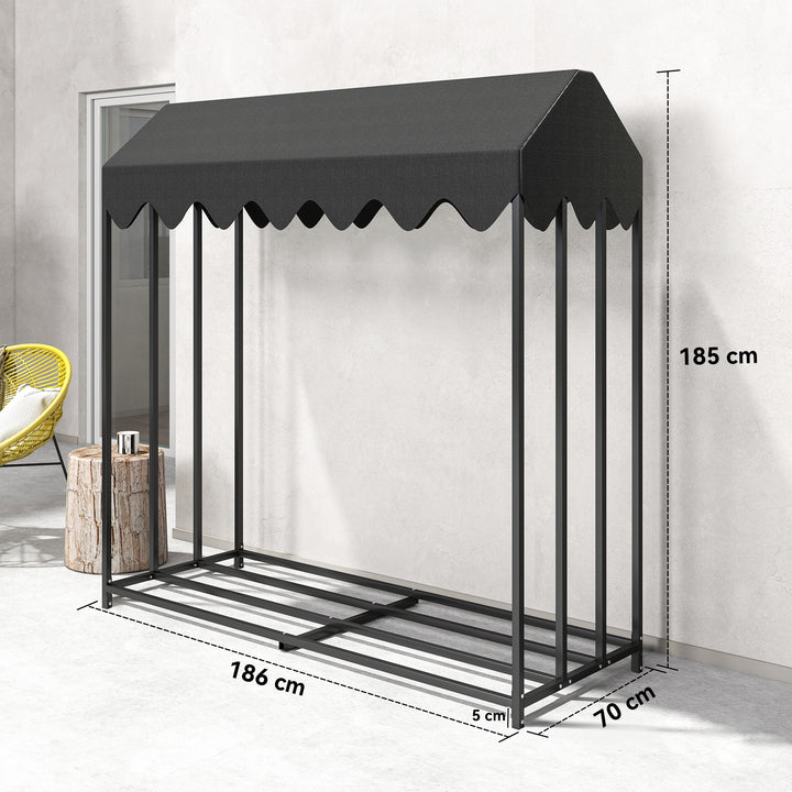 Suporte de Lenha Metálico para Exterior, 186x70x185 cm, com Cobertura Impermeável 600D Oxford, Estrutura de Aço, para Lareiras, Jardim e Terraços