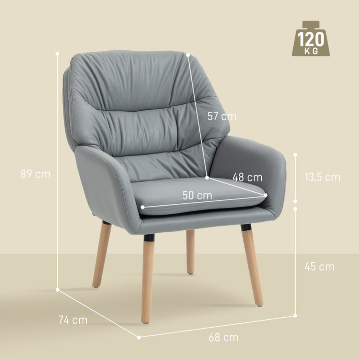 Poltrona de Sala de Estar Moderna Acolchoada de Dupla Camada Estofada em Couro Sintético Pés de Madeira 68x74x89 cm Cinza