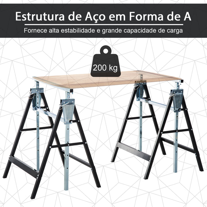 Conjunto de 2 Andaimes Cavalete telescópico Altura Ajustável Dobrável Metálico Quadrado Estável Carga 200kg Aço 68x58x80-130 cm Preto