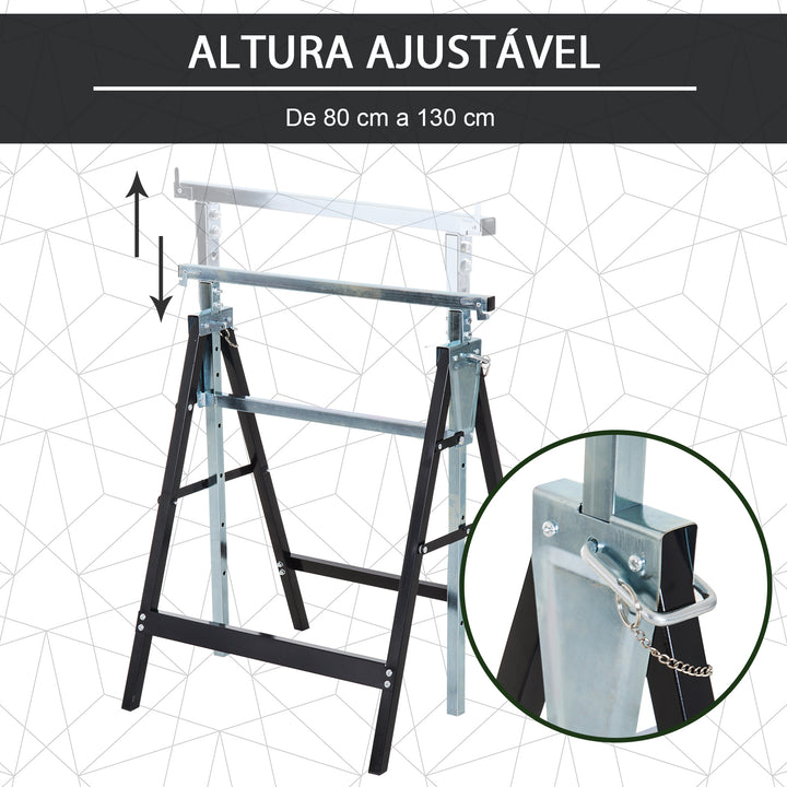 Conjunto de 2 Andaimes Cavalete telescópico Altura Ajustável Dobrável Metálico Quadrado Estável Carga 200kg Aço 68x58x80-130 cm Preto