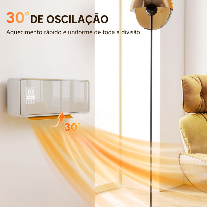 Aquecedor Elétrico de Baixo Consumo Cerâmico de Parede 2000W com 3 Modos Ecrã LED Termostato Temporizador Oscilação Controlo Remoto Detecção de Janelas Abertas e Painel de Vidro 54x18,7x12,3 cm Branco