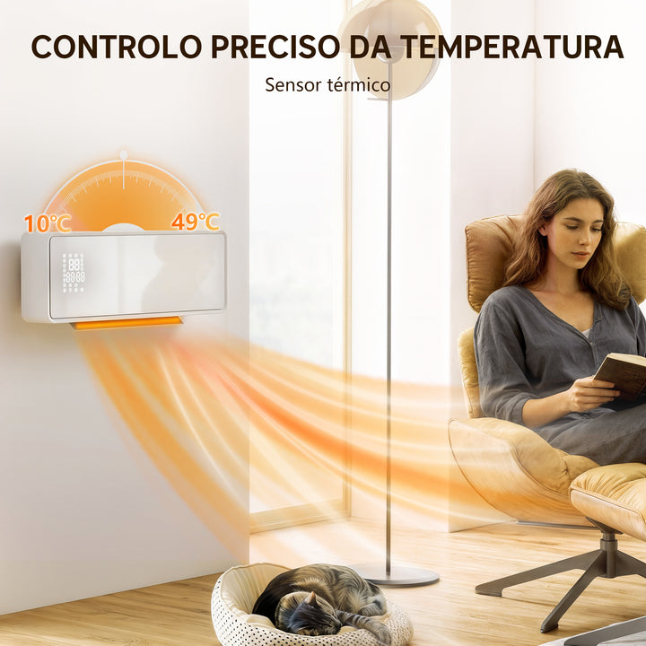 Aquecedor Elétrico de Baixo Consumo Cerâmico de Parede 2000W com 3 Modos Ecrã LED Termostato Temporizador Oscilação Controlo Remoto Detecção de Janelas Abertas e Painel de Vidro 54x18,7x12,3 cm Branco