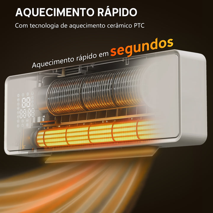 Aquecedor Elétrico de Baixo Consumo Cerâmico de Parede 2000W com 3 Modos Ecrã LED Termostato Temporizador Oscilação Controlo Remoto Detecção de Janelas Abertas e Painel de Vidro 54x18,7x12,3 cm Branco