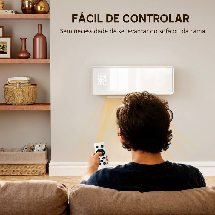 Aquecedor Elétrico de Baixo Consumo Cerâmico de Parede 2000W com 3 Modos Ecrã LED Termostato Temporizador Oscilação Controlo Remoto Detecção de Janelas Abertas e Painel de Vidro 54x18,7x12,3 cm Branco