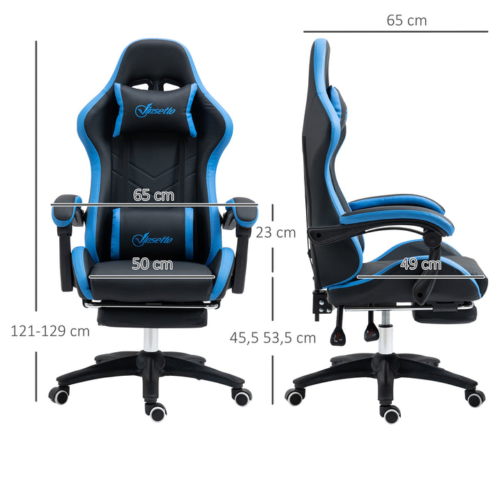 Cadeira Gaming Ergonómica Cadeira Gamer de Pele PU com Reclinação até 135° Suporte Lombar Altura Ajustável Apoio para a Cabeça e Apoio para os Pés Retrátil Preto e Azul