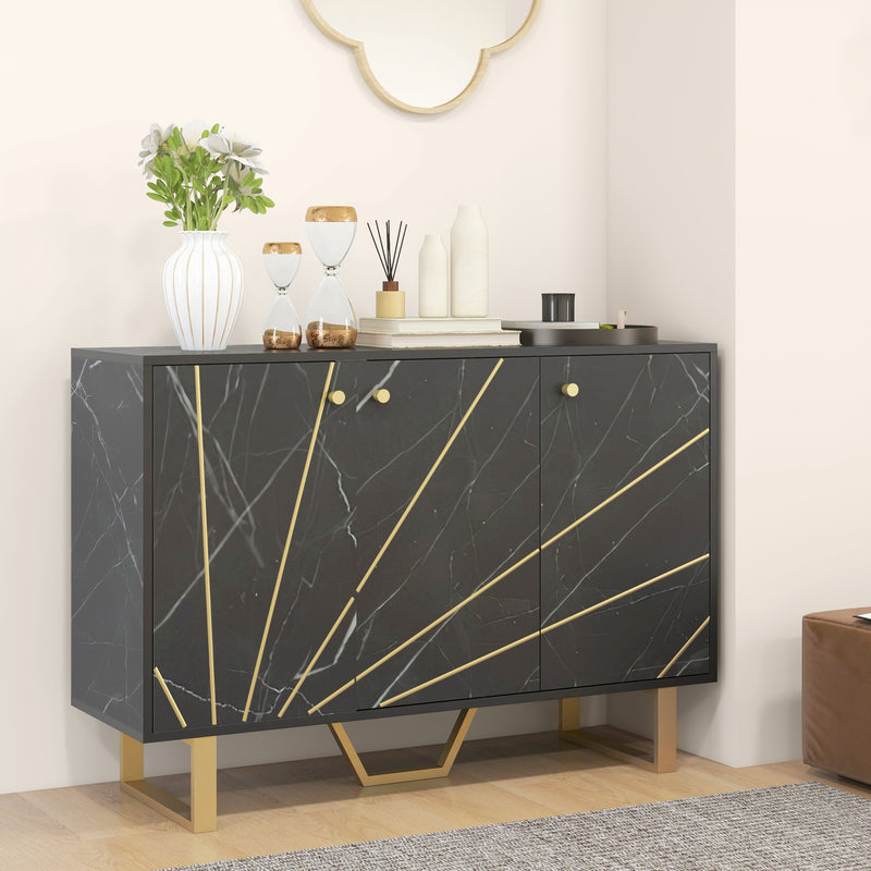 Aparador de Sala de Estar com 2 Armários e Prateleira Interior Ajustável Móvel Buffet com Efeito Mármore 107x35x75 cm Preto e Dourado