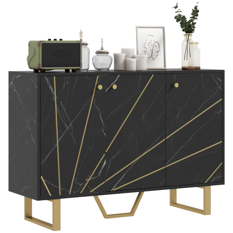 Aparador de Sala de Estar com 2 Armários e Prateleira Interior Ajustável Móvel Buffet com Efeito Mármore 107x35x75 cm Preto e Dourado