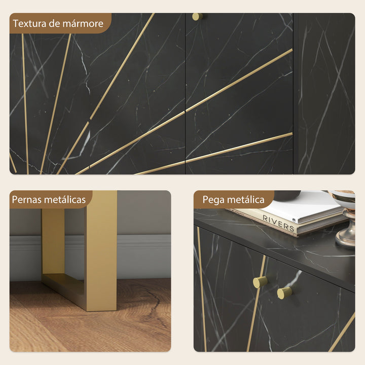 Aparador de Sala de Estar com 2 Armários e Prateleira Interior Ajustável Móvel Buffet com Efeito Mármore 107x35x75 cm Preto e Dourado