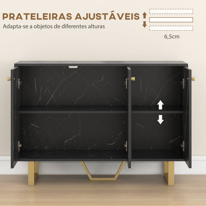 Aparador de Sala de Estar com 2 Armários e Prateleira Interior Ajustável Móvel Buffet com Efeito Mármore 107x35x75 cm Preto e Dourado