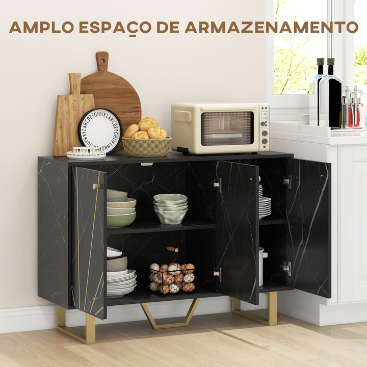 Aparador de Sala de Estar com 2 Armários e Prateleira Interior Ajustável Móvel Buffet com Efeito Mármore 107x35x75 cm Preto e Dourado