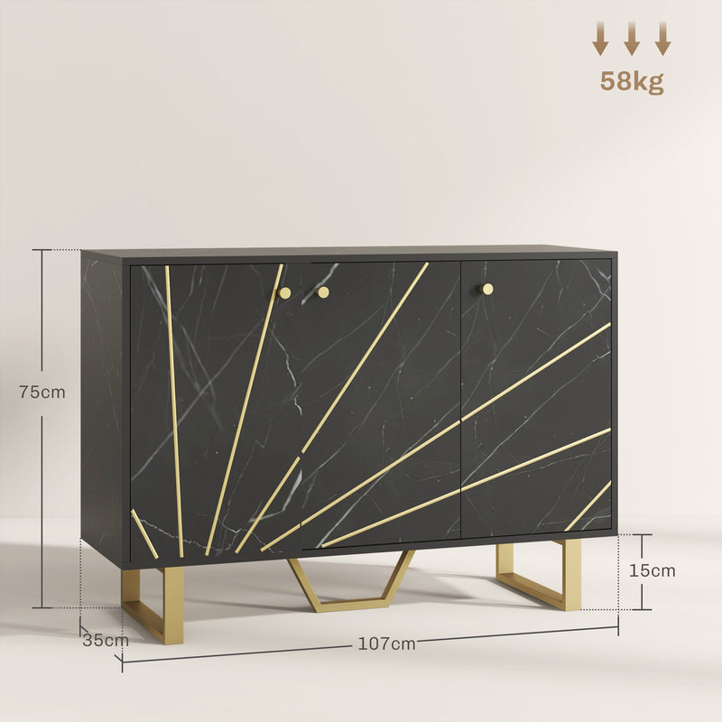 Aparador de Sala de Estar com 2 Armários e Prateleira Interior Ajustável Móvel Buffet com Efeito Mármore 107x35x75 cm Preto e Dourado