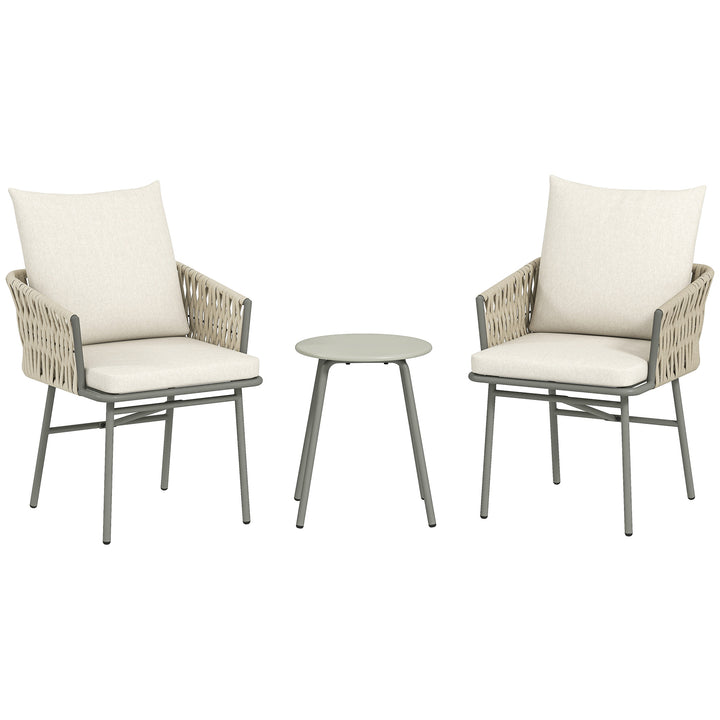 Conjunto de Jardim de 3 Peças Móveis de Jardim com 2 Cadeiras com Almofadas Removíveis e Laváveis e Mesa com Bancada de Metal Impermeável e Anti-UV para Varanda e Pátio Cinza e Creme