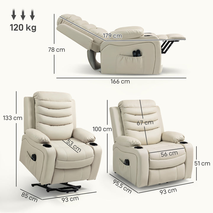 Poltrona Relax Reclinável Elétrica Elevatória com Massagem Vibratória e Aquecimento Poltrona Elevatória com Porta USB Controlo Remoto Apoio para Pés Estofada em PU Bolsos Laterais Creme