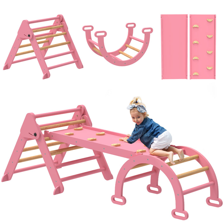 Triângulo de Escalada 7 em 1 Montessori com Arco e Rampa Escalada para Crianças de Madeira Dobrável para 18-48 Meses Para Deslizar ou Escalar 188x70 cm Rosa