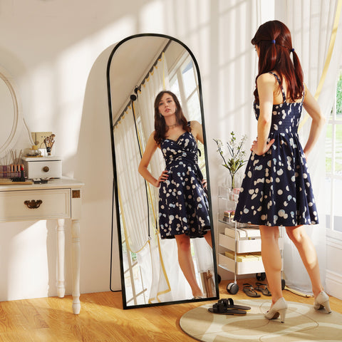 Espelho de Pé Espelho de Corpo Inteiro 60x165 cm Espelho de Parede com Estrutura de Liga de Alumínio e Suporte para Sala Quarto Banheiro Preto