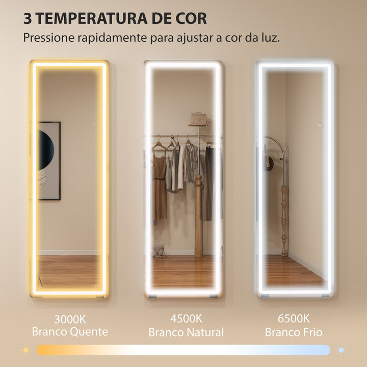 Espelho de Corpo Inteiro com Luzes 150x50 cm, Sem Moldura 3 Temperaturas de Cor Brilho Ajustável Independente de Pé ou Parede para Quarto Transparente