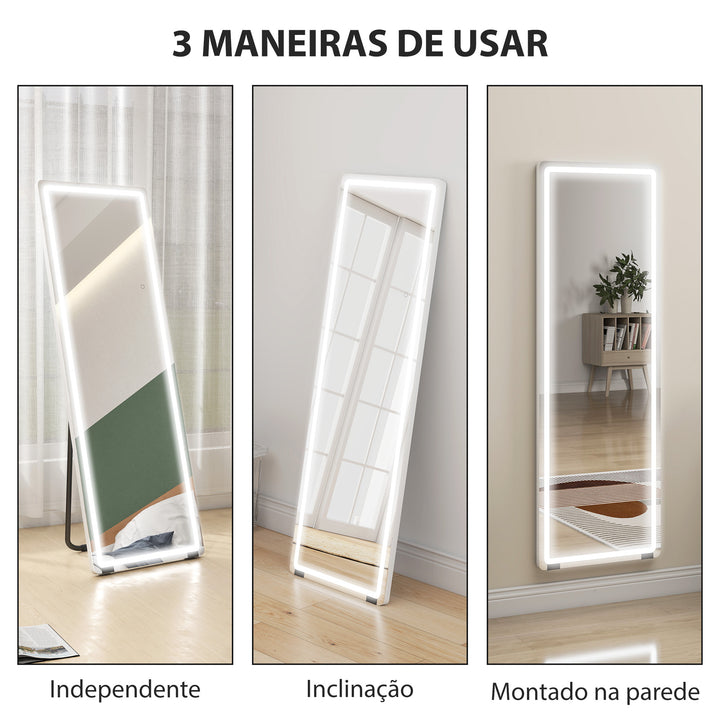 Espelho de Corpo Inteiro com Luzes 150x50 cm, Sem Moldura 3 Temperaturas de Cor Brilho Ajustável Independente de Pé ou Parede para Quarto Transparente