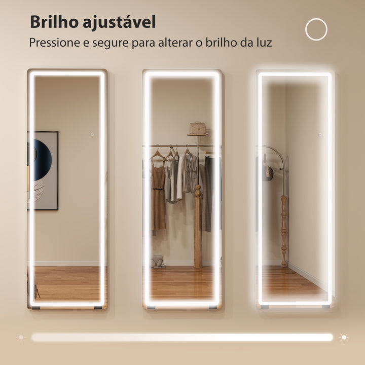 Espelho de Corpo Inteiro com Luzes 150x50 cm, Sem Moldura 3 Temperaturas de Cor Brilho Ajustável Independente de Pé ou Parede para Quarto Transparente