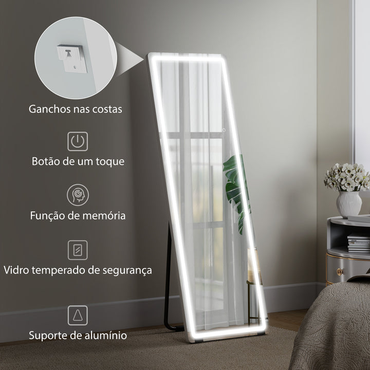 Espelho de Corpo Inteiro com Luzes 150x50 cm, Sem Moldura 3 Temperaturas de Cor Brilho Ajustável Independente de Pé ou Parede para Quarto Transparente