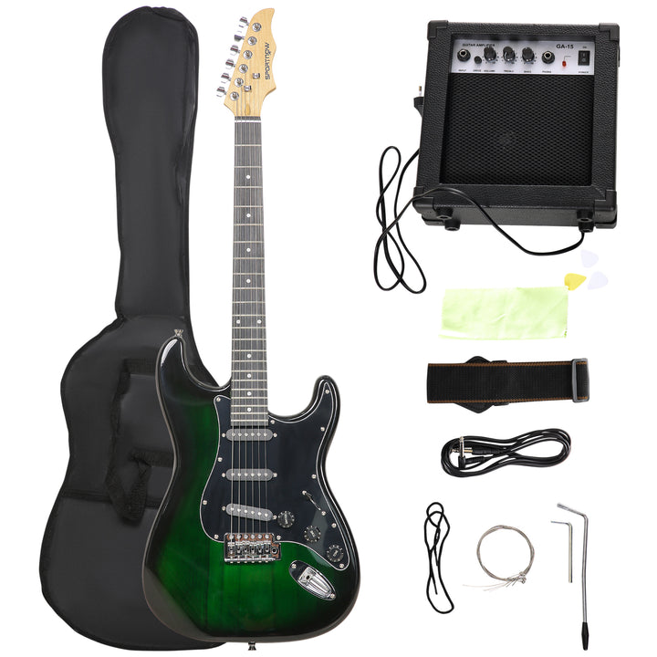 Kit Guitarra Elétrica de Iniciação Guitarra Elétrica com Amplificador de 15W Afinador Digital Cordas Correia 3 Palhetas e Saco de Transporte para Adultos e Adolescentes Preto
