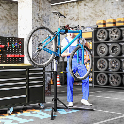 Suporte para Reparação de Bicicleta Suporte para Bicicleta Dobrável com Bandeja Magnética Altura Ajustável 107-160 cm e Giratório 360º Carga 40 kg Preto
