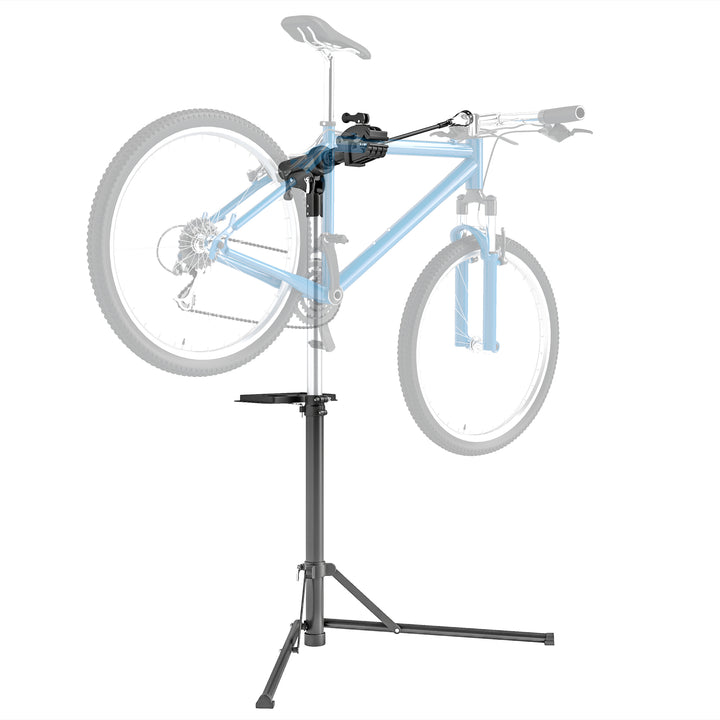 Suporte para Reparação de Bicicleta Suporte para Bicicleta Dobrável com Bandeja Magnética Altura Ajustável 107-160 cm e Giratório 360º Carga 40 kg Preto