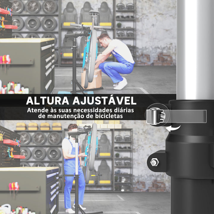 Suporte para Reparação de Bicicleta Suporte para Bicicleta Dobrável com Bandeja Magnética Altura Ajustável 107-160 cm e Giratório 360º Carga 40 kg Preto