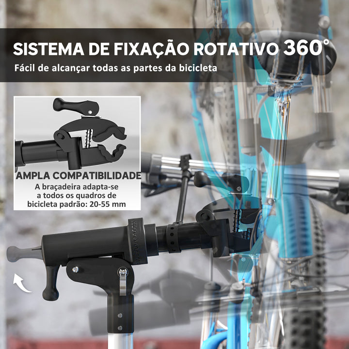 Suporte para Reparação de Bicicleta Suporte para Bicicleta Dobrável com Bandeja Magnética Altura Ajustável 107-160 cm e Giratório 360º Carga 40 kg Preto
