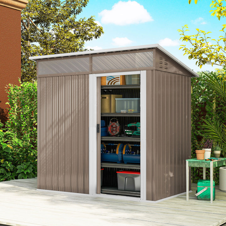 Abrigo de Jardim 1,9m² 195x122x182 cm Abrigo de Exterior com Base Reforçada (Chão NÃO Incluído) Porta Corredera Janelas Abrigo de Ferramentas para Pátio Marrom Claro