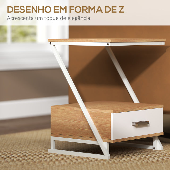 Conjunto de 2 Mesas Cabeceira para Dormitório Mesas Auxiliares em Forma de Z com Gaveta e Compartimento Mesa Auxiliar para Sala de Estar 40x35x50 cm Madeira e Branco
