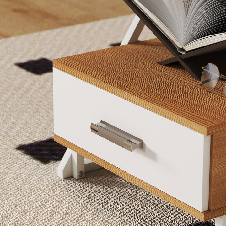 Conjunto de 2 Mesas Cabeceira para Dormitório Mesas Auxiliares em Forma de Z com Gaveta e Compartimento Mesa Auxiliar para Sala de Estar 40x35x50 cm Madeira e Branco