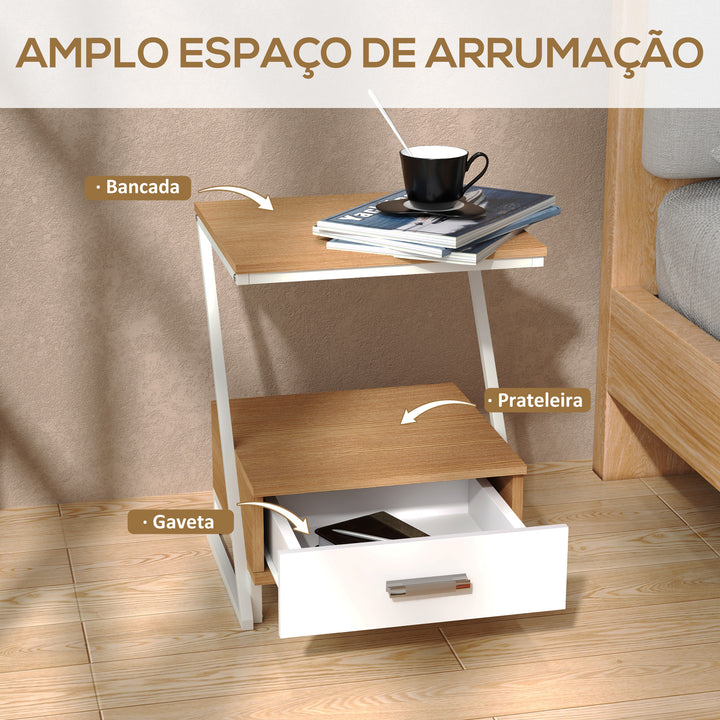 Conjunto de 2 Mesas Cabeceira para Dormitório Mesas Auxiliares em Forma de Z com Gaveta e Compartimento Mesa Auxiliar para Sala de Estar 40x35x50 cm Madeira e Branco