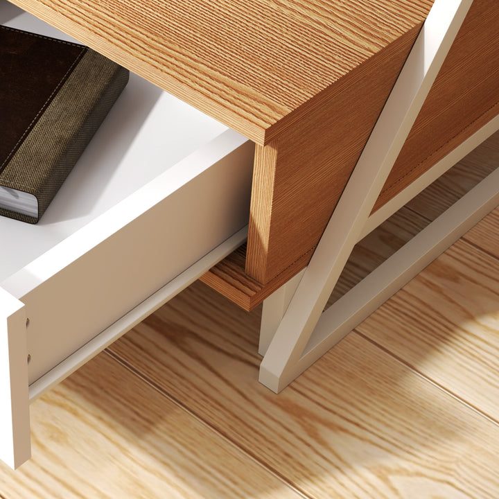 Conjunto de 2 Mesas Cabeceira para Dormitório Mesas Auxiliares em Forma de Z com Gaveta e Compartimento Mesa Auxiliar para Sala de Estar 40x35x50 cm Madeira e Branco