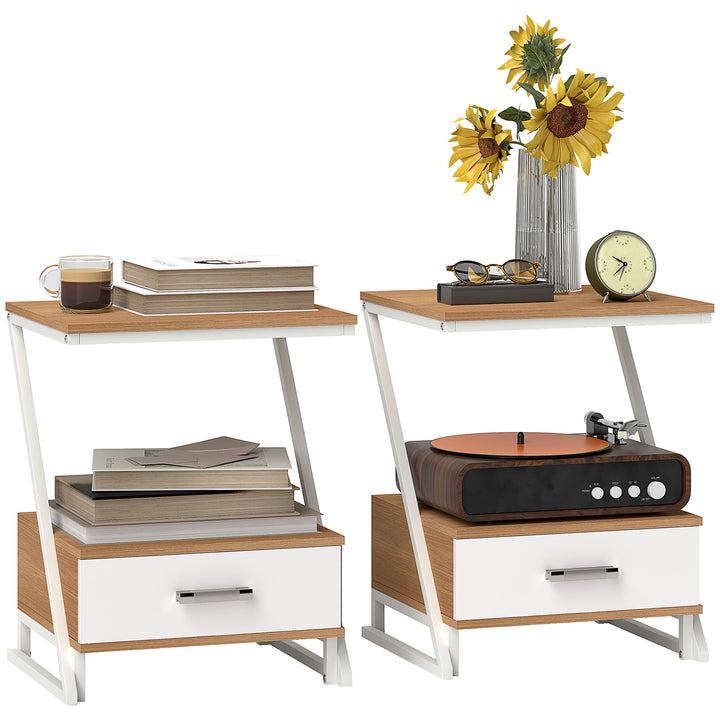 Conjunto de 2 Mesas Cabeceira para Dormitório Mesas Auxiliares em Forma de Z com Gaveta e Compartimento Mesa Auxiliar para Sala de Estar 40x35x50 cm Madeira e Branco