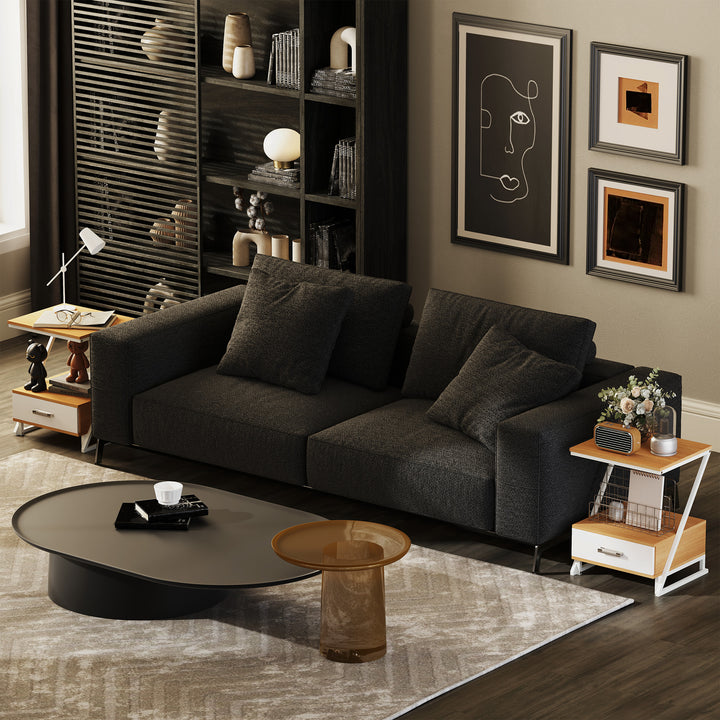 Conjunto de 2 Mesas Cabeceira para Dormitório Mesas Auxiliares em Forma de Z com Gaveta e Compartimento Mesa Auxiliar para Sala de Estar 40x35x50 cm Madeira e Branco