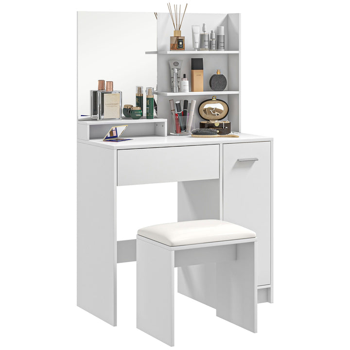 Toucador de Maquilhagem com Banco Mesa de Maquilhagem com Espelho Prateleiras Abertas Gaveta e Prateleira Ajustável Anti-Tombo para Dormitório Branco e Bege