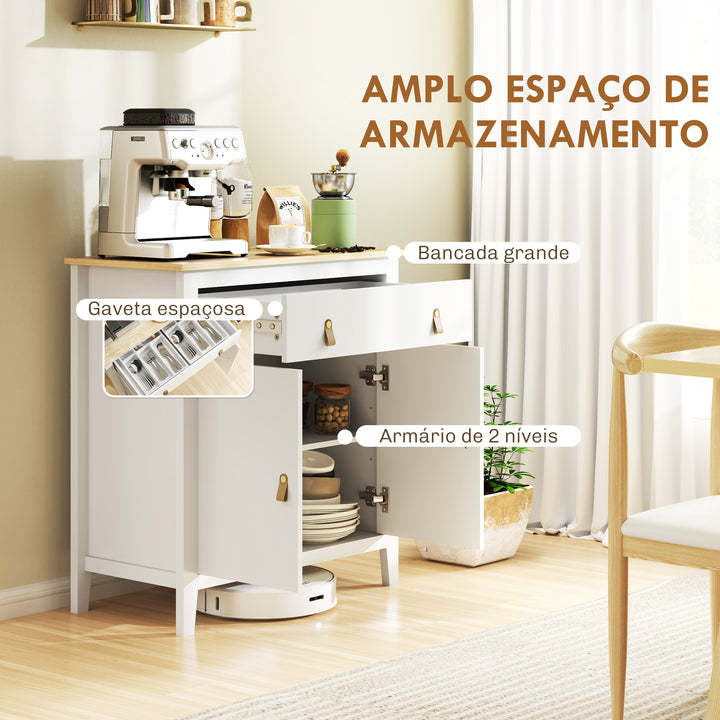Aparador de 2 Portas Aparador Sala de Estar Moderno com Gaveta Prateleira Ajustável e Puxadores em PU Móvel Auxiliar para Sala de Jantar 80x40x90 cm Branco e Madeira