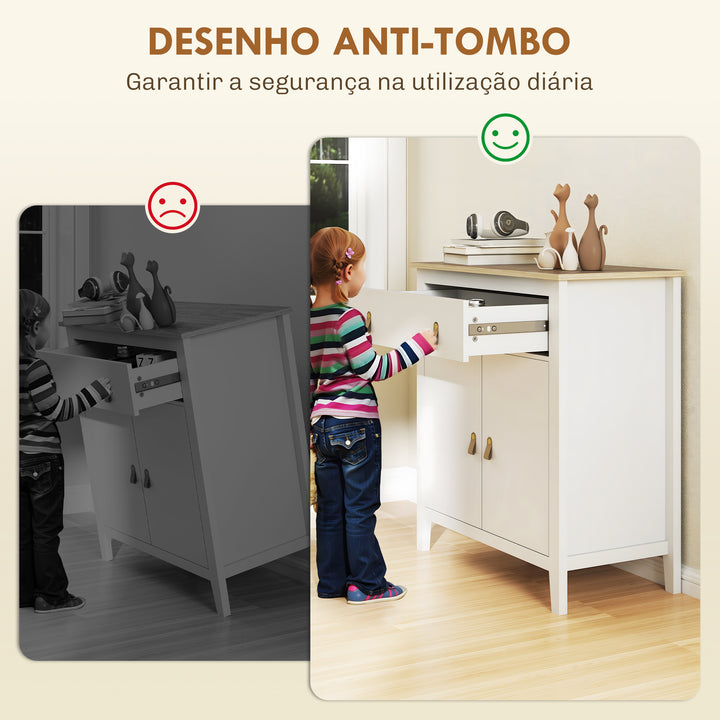 Aparador de 2 Portas Aparador Sala de Estar Moderno com Gaveta Prateleira Ajustável e Puxadores em PU Móvel Auxiliar para Sala de Jantar 80x40x90 cm Branco e Madeira