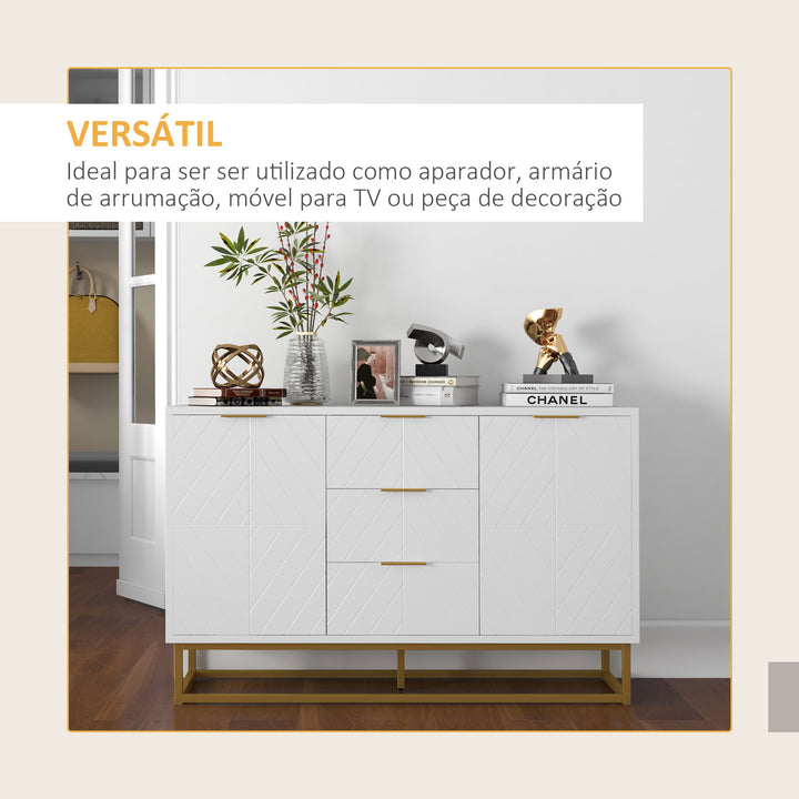 Armário de armazenamento Aparador Auxiliar com 3 Gavetas e 2 Armários com Porta Prateleira Ajustável para Sala Cozinha 120x40x76 cm Branco