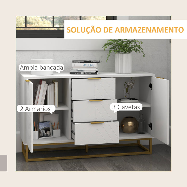 Armário de armazenamento Aparador Auxiliar com 3 Gavetas e 2 Armários com Porta Prateleira Ajustável para Sala Cozinha 120x40x76 cm Branco