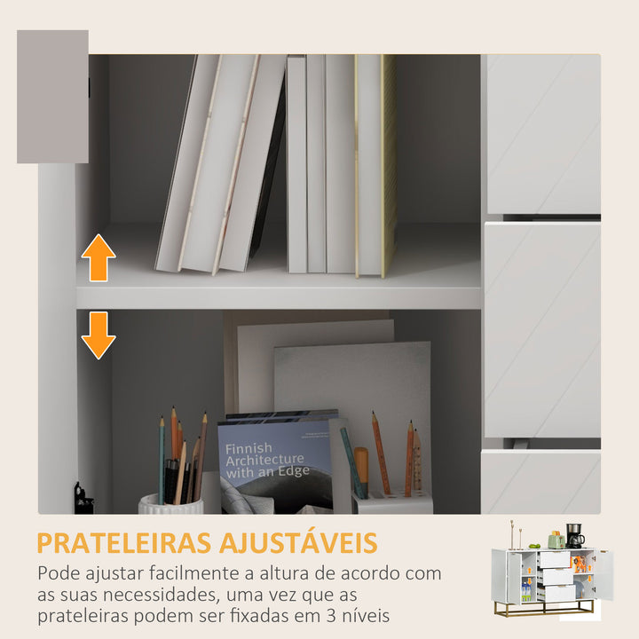 Armário de armazenamento Aparador Auxiliar com 3 Gavetas e 2 Armários com Porta Prateleira Ajustável para Sala Cozinha 120x40x76 cm Branco