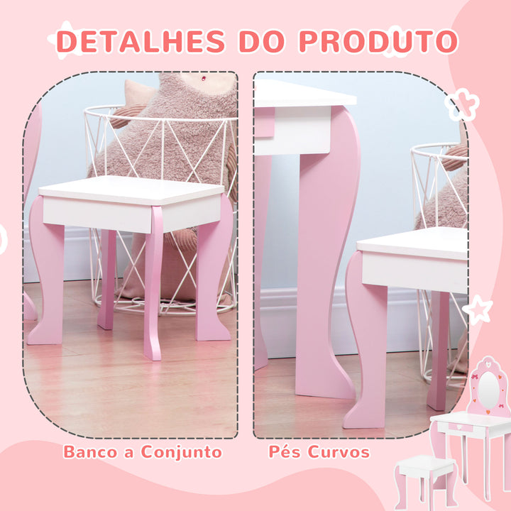 Toucador Infantil com Banco e Espelho Toucador Infantil de Madeira com Gaveta Mesa de Maquilhagem para Crianças entre 3-6 Anos 50x36,5x89,5cm Rosa