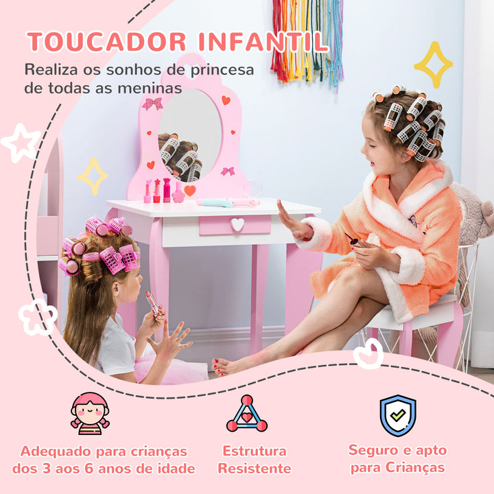 Toucador Infantil com Banco e Espelho Toucador Infantil de Madeira com Gaveta Mesa de Maquilhagem para Crianças entre 3-6 Anos 50x36,5x89,5cm Rosa