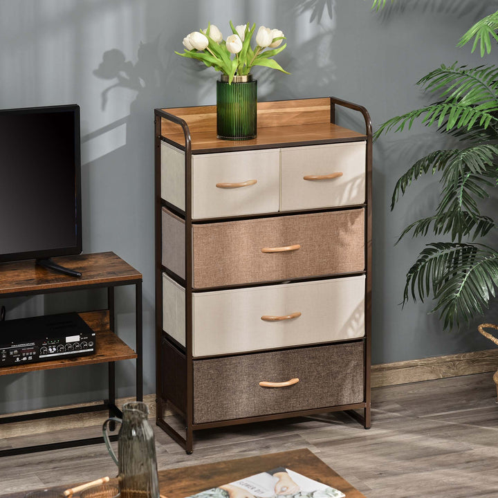 Cómoda de Tecido com 5 Cestos Removíveis e Dobráveis Base Elevada Móvel de Armazenamento para Dormitório Sala de Estar 58x29x99cm Multicor